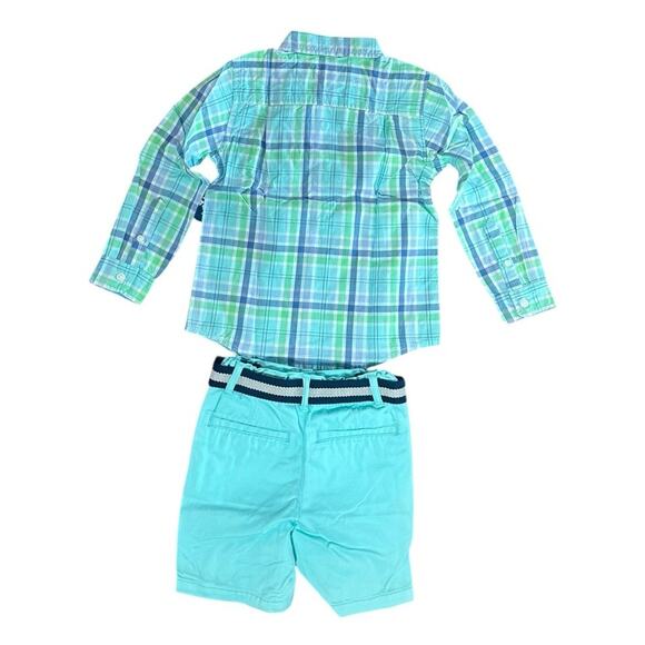 The Childrens Place Toddler Boys Shirt and Belted Chino Shorts Set Aqua 3T NEW - Picture 6 of 13